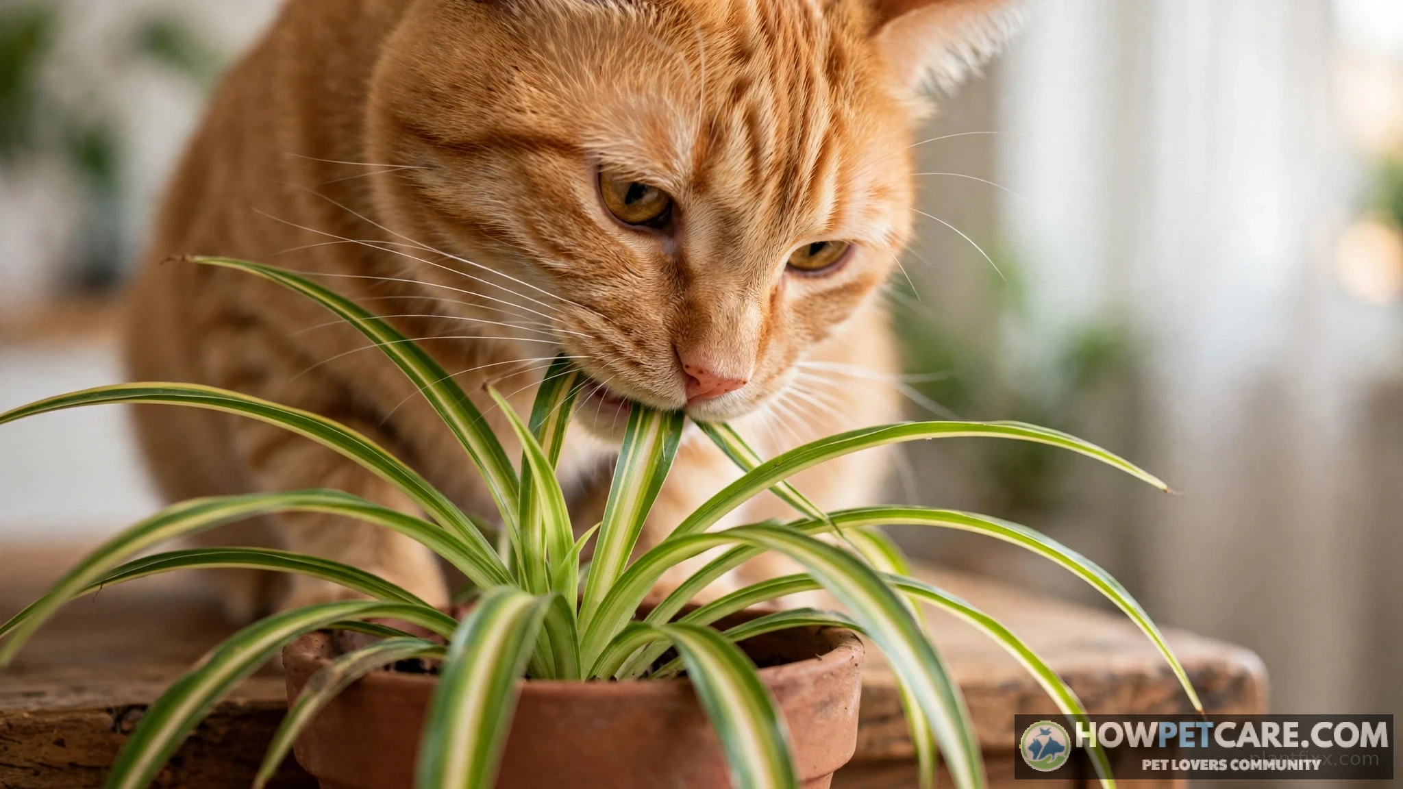 Curious domestic cat investigating a spider plant to show whether spider plants are toxic to cats