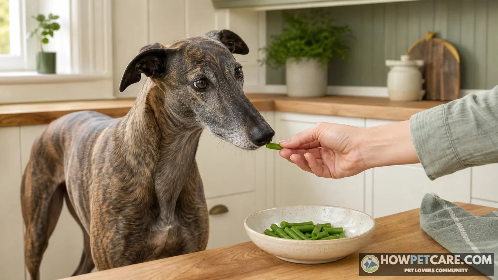 Golden retriever eating fresh green beans from a pet bowl, illustrating can dogs eat beans