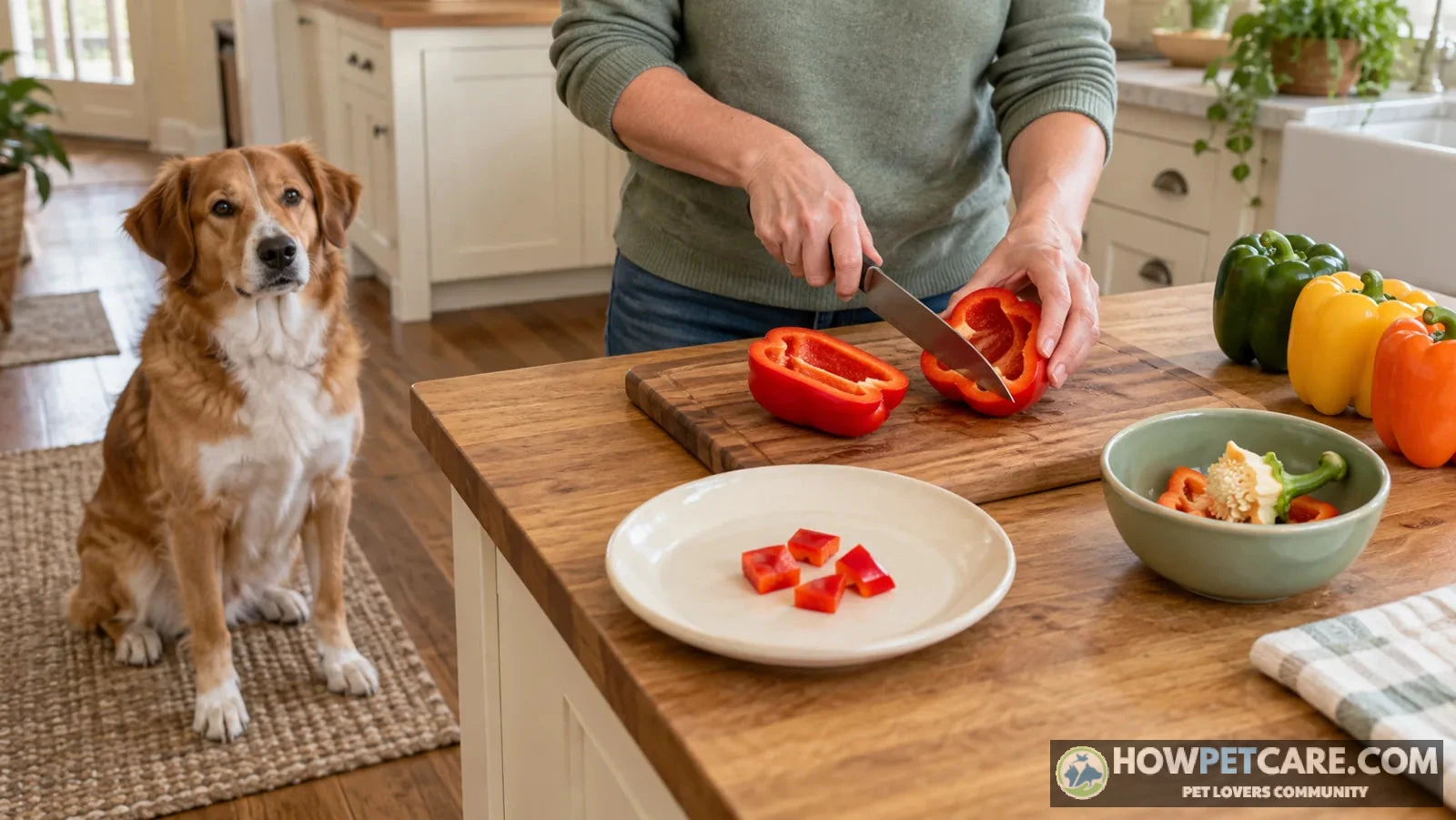 A golden retriever looking curiously at sliced red and green bell peppers on a kitchen counter, answering can dogs eat bell peppers safely.