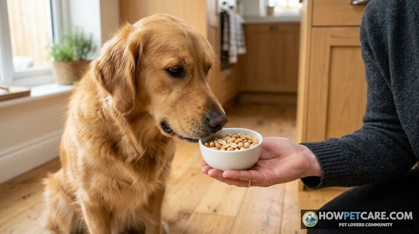 Curious dog sitting near a small bowl of shelled peanuts asking can dogs eat peanuts