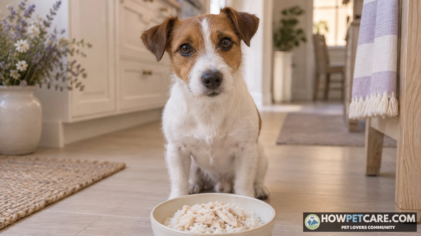 Healthy dog waiting near a ceramic bowl filled with plain cooked white rice