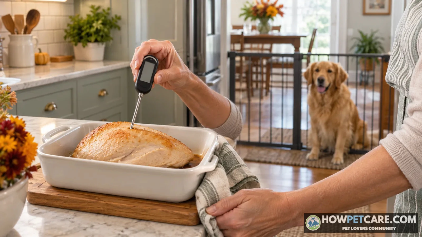 Golden Retriever waiting patiently for shredded cooked turkey breast to answer can dogs eat turkey