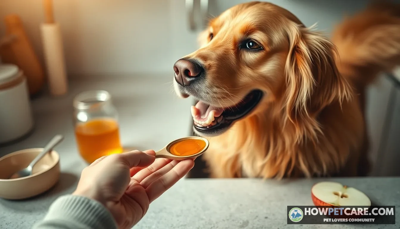Dog tasting golden honey from a small spoon to illustrate can dogs have honey safely