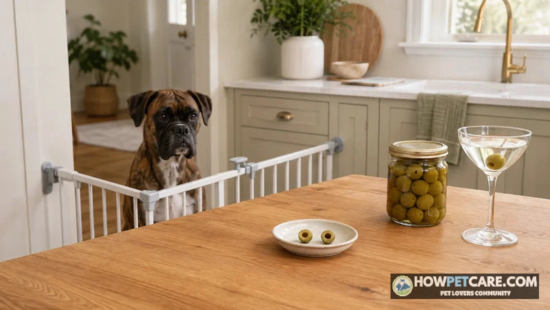 Can Dogs Have Olives? Safe Portions, Pit Triage & Sodium Limits 1 A dog sniffing a green olive on a kitchen countertop