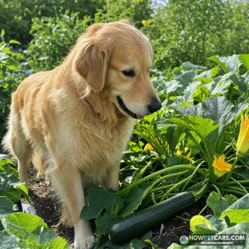 Golden Retriever sitting next to fresh zucchini slices exploring can dogs have zucchini