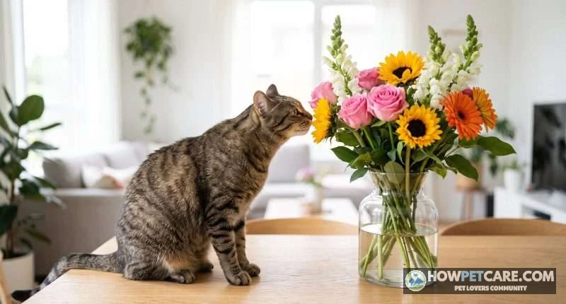 Cat Safe Flowers: Vet-Backed Guide to Toxic-Free Bouquets 1 Domestic cat curiously sniffing an arrangement of colorful cat safe flowers
