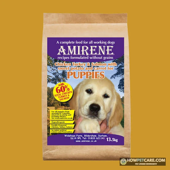 Golden retriever with grain‑free dog food bag