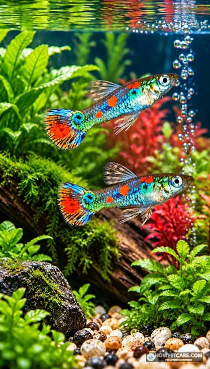 Vibrant colorful fancy guppies swimming among green aquatic plants in a freshwater tank