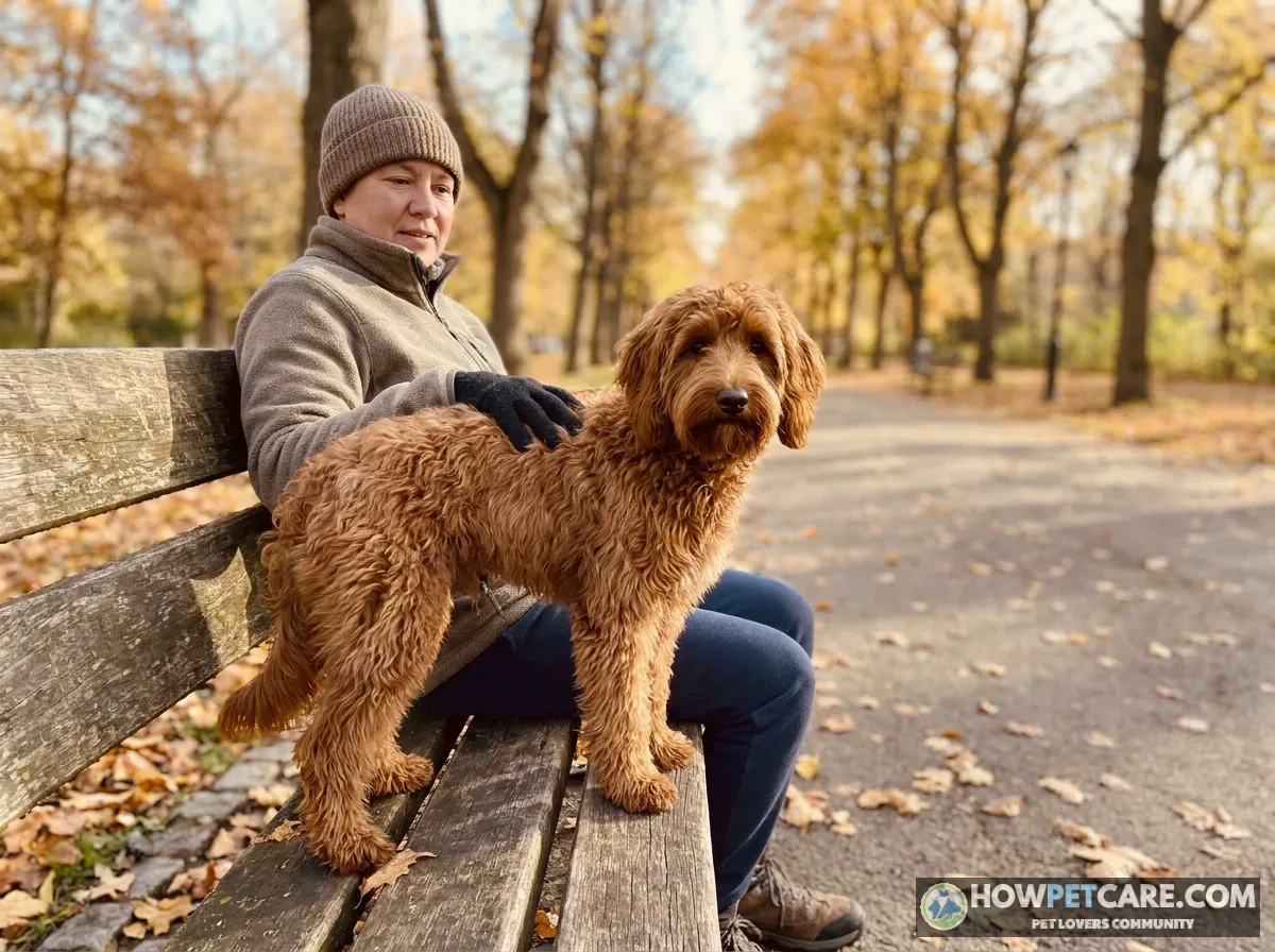 Irish Doodle dog sitting outdoors in a sunny grass park
