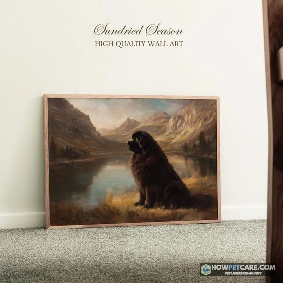 Newfoundland dog breed standing beside a lake
