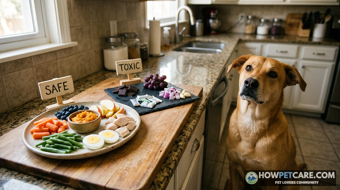 Dog with assorted safe human foods illustrating what dogs can eat