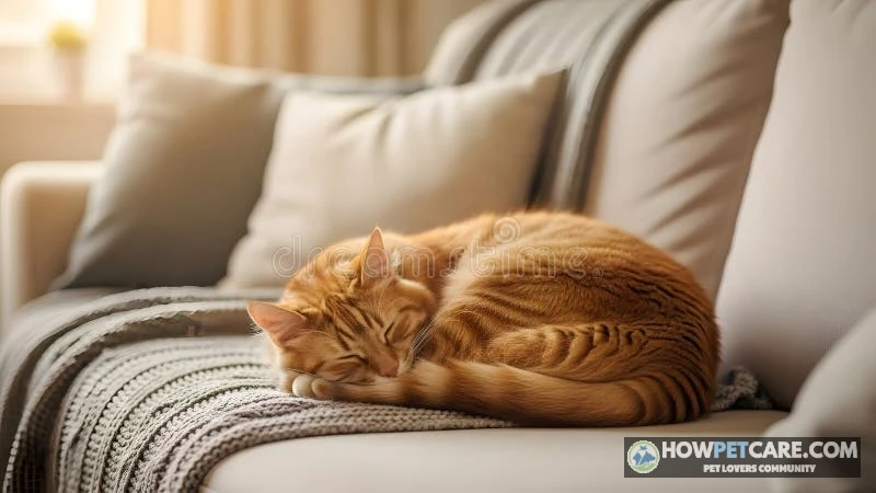 Domestic cat sleeping peacefully curled up on a soft sofa, illustrating why do cats sleep so much