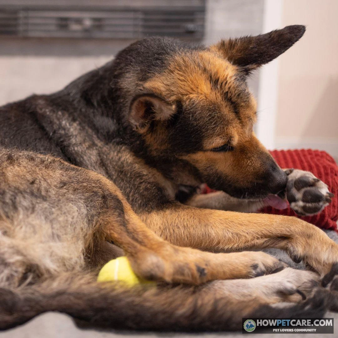 Why Do Dogs Lick Their Paws? Causes, Red Flags & Safe Triage 1 Dog licking its paw while resting on a soft blanket