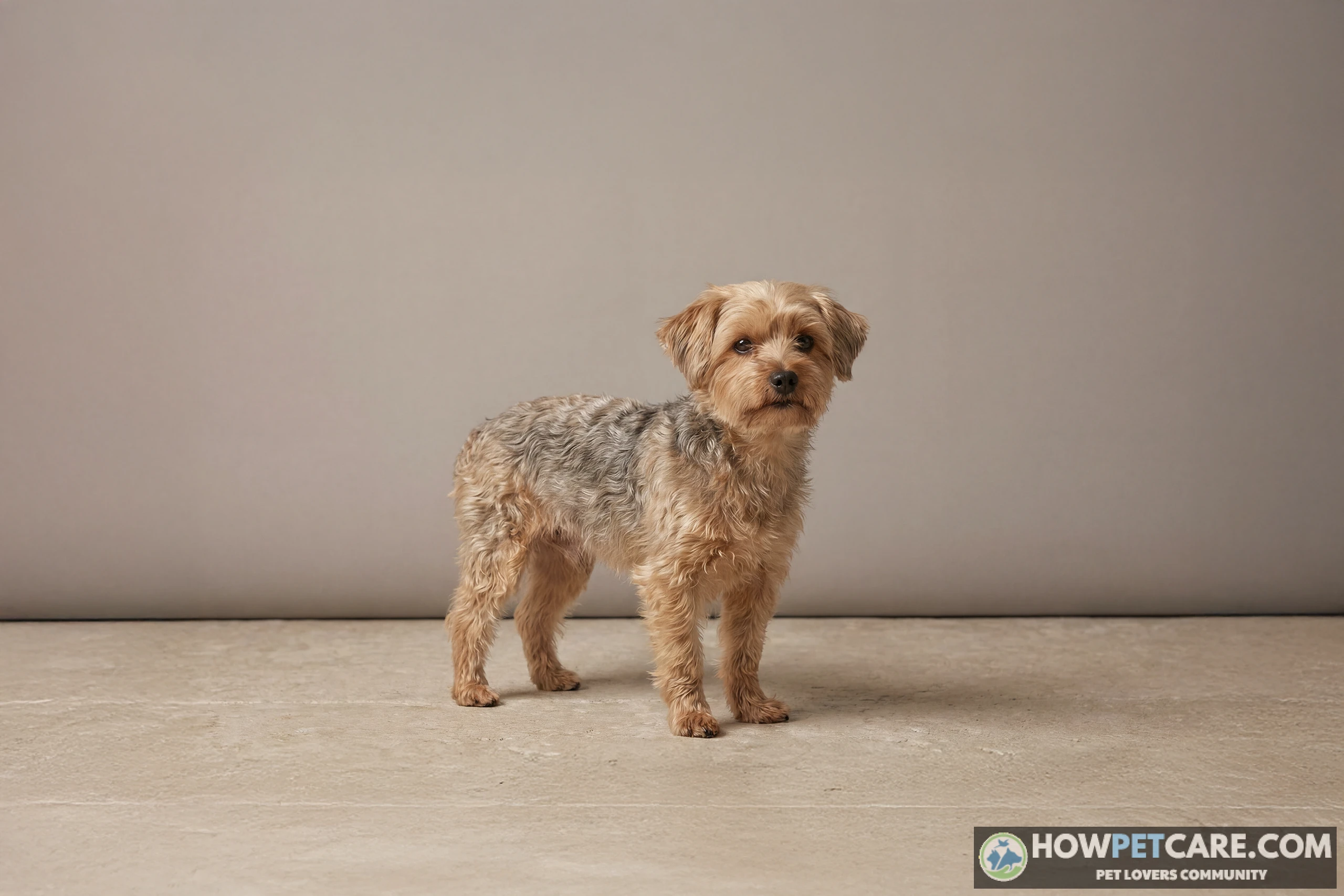 Yorkie Poo dog breed sitting in a sunny green garden